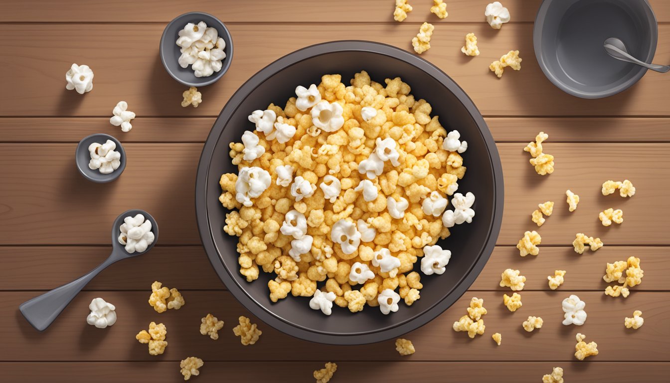 A bowl of Smartfood and Popcorn Indiana sit side by side on a wooden table, surrounded by scattered popcorn kernels and a few popped pieces