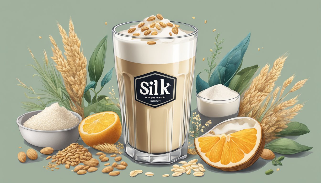 A glass of silk and oatly milk surrounded by various ingredients and additives