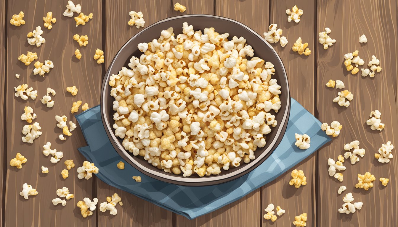 A bowl of Smartfood Popcorn and Popcorn Indiana side by side on a wooden table, surrounded by scattered popcorn kernels and a few popped pieces