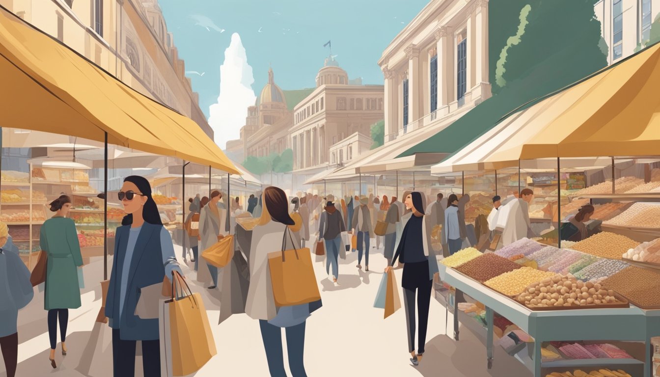 A bustling market with two contrasting sections: one filled with luxurious silk products and the other with trendy oat-based items. Shoppers compare and contrast the two, reflecting the current consumer trends