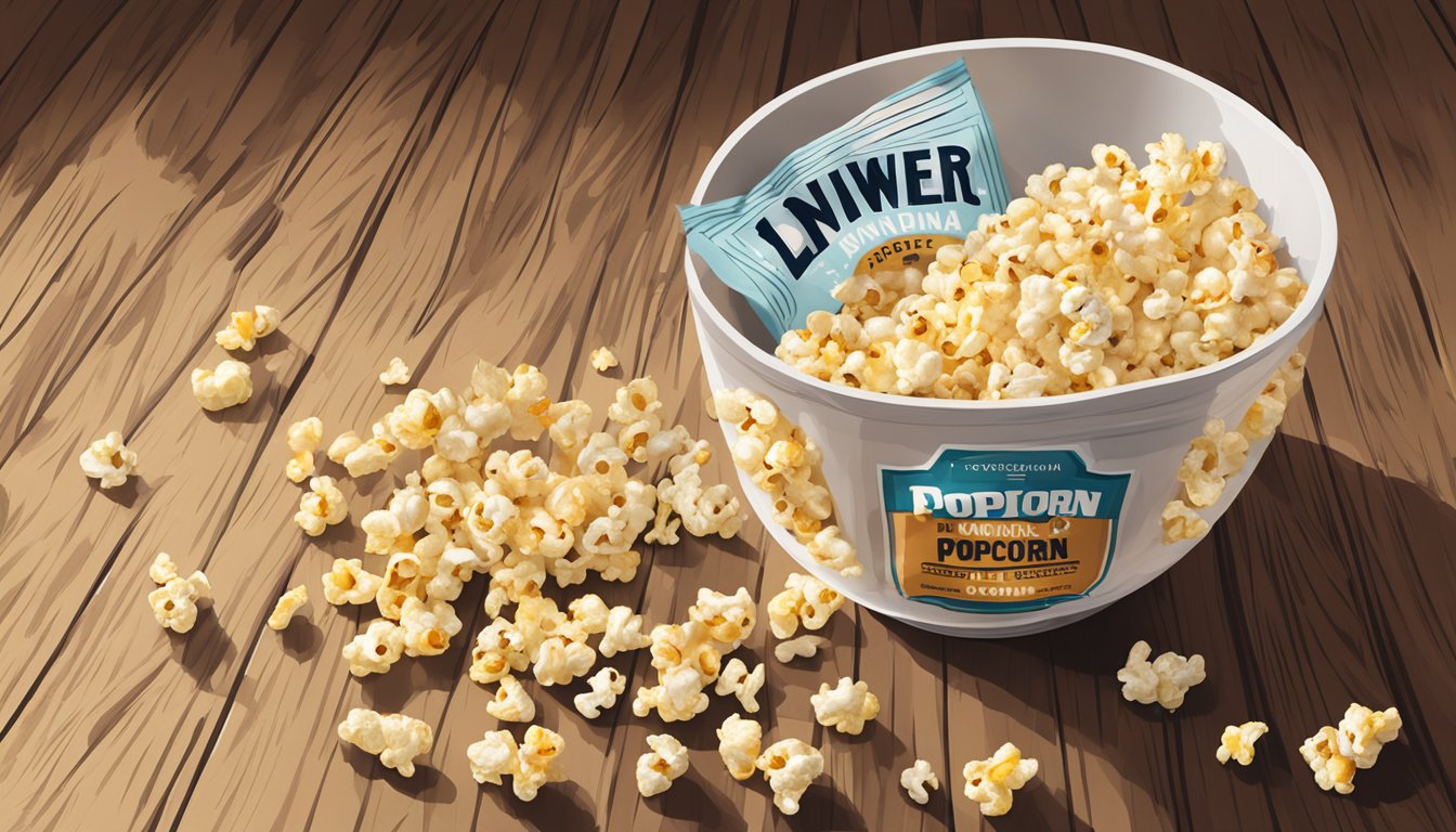 A bowl of Smartfood popcorn sits next to a bag of Popcorn Indiana, both spilling out onto a rustic wooden table. The contrast in packaging and popcorn styles is evident