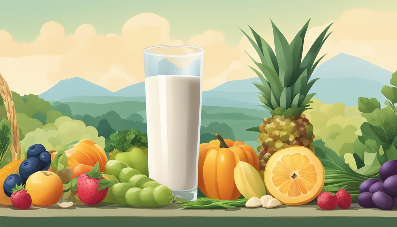 A glass of silk and oatly milk surrounded by various fruits and vegetables, with a backdrop of a serene and natural setting