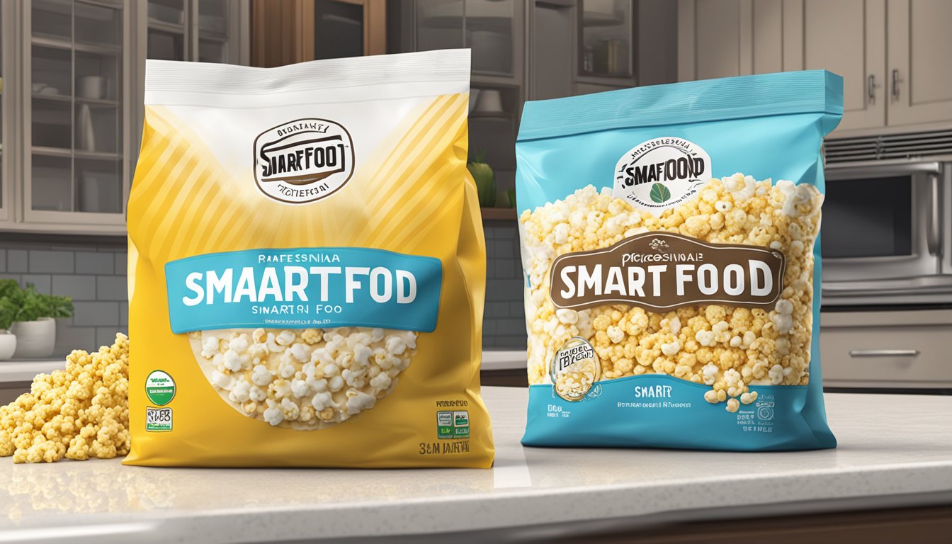 A bag of Smartfood and Popcorn Indiana sit side by side on a kitchen counter, ready to be microwaved