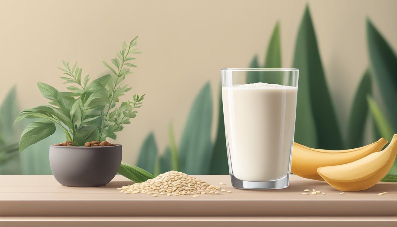 A glass of silk and oat milk sit side by side on a table, surrounded by various plant-based ingredients and a modern, minimalist kitchen backdrop