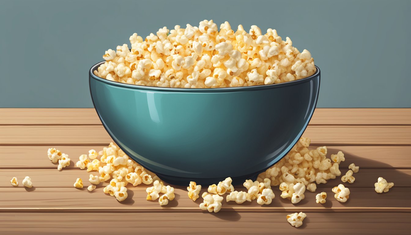 A bowl of Smartfood and Popcorn Indiana side by side on a wooden table, with scattered popcorn kernels and a few popped pieces