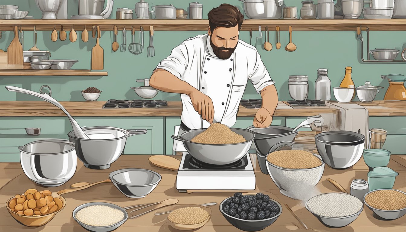 A chef pouring Silk and Oatly into separate bowls, surrounded by various kitchen utensils and ingredients