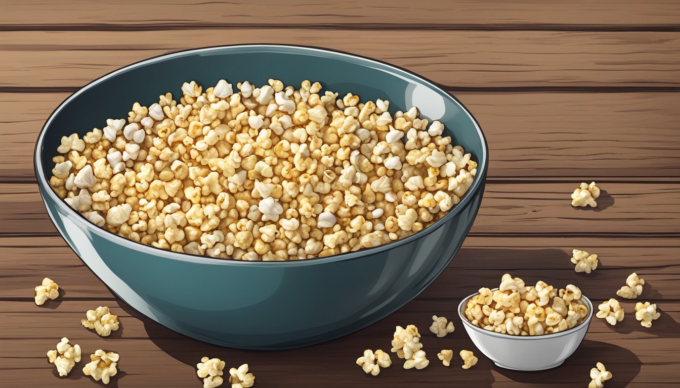 A bowl of Smartfood and Popcorn Indiana on a wooden table, surrounded by fresh popcorn kernels and a variety of seasonings