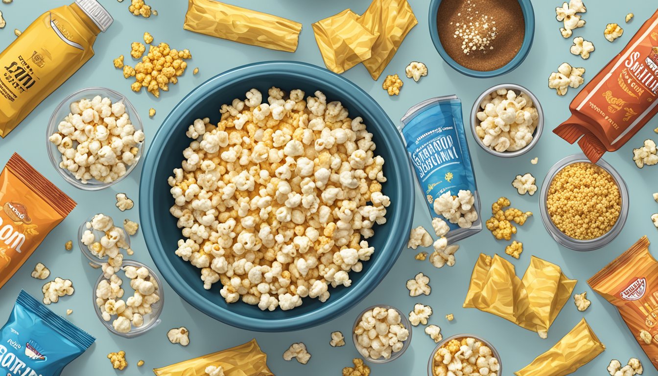 A bowl of Smartfood and Popcorn Indiana sit side by side, surrounded by scattered popcorn kernels and a variety of seasonings