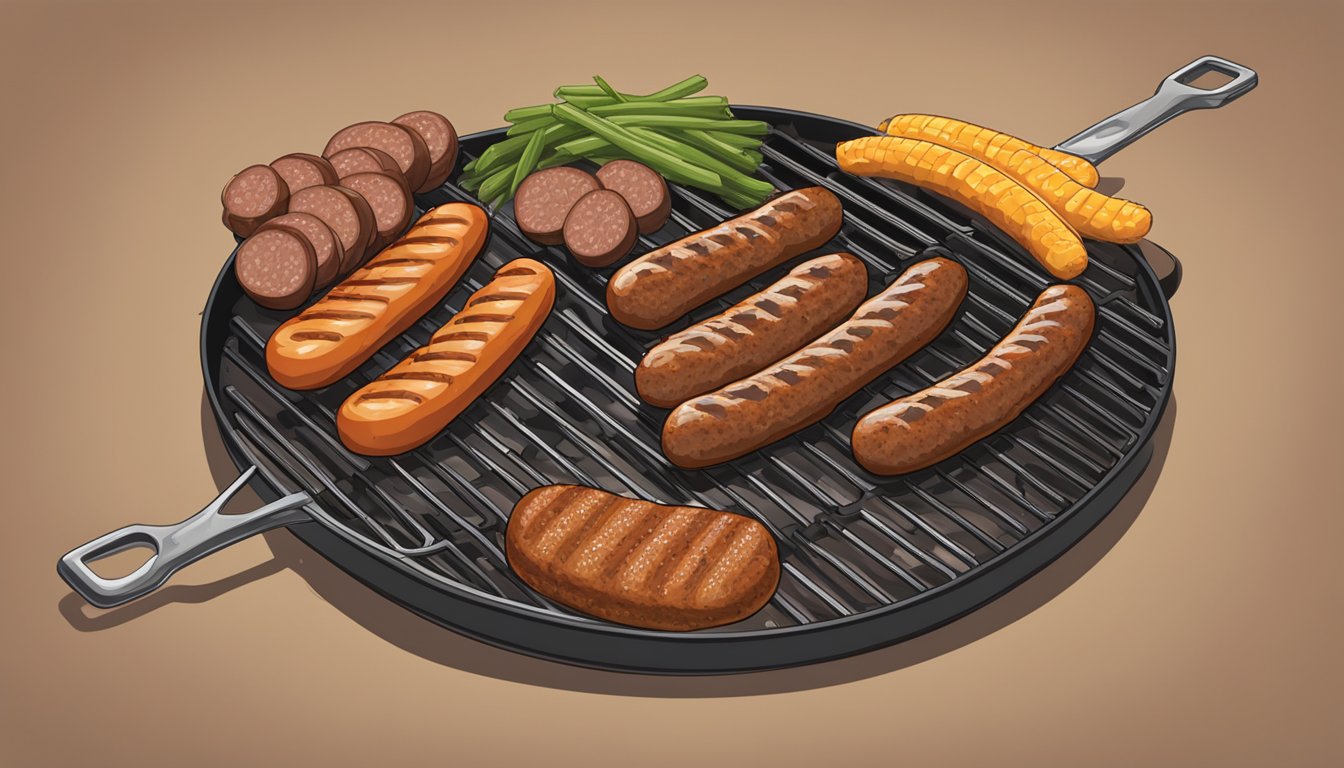 A sizzling grill with Johnsonville and Hillshire Farm sausages side by side, emitting savory aromas