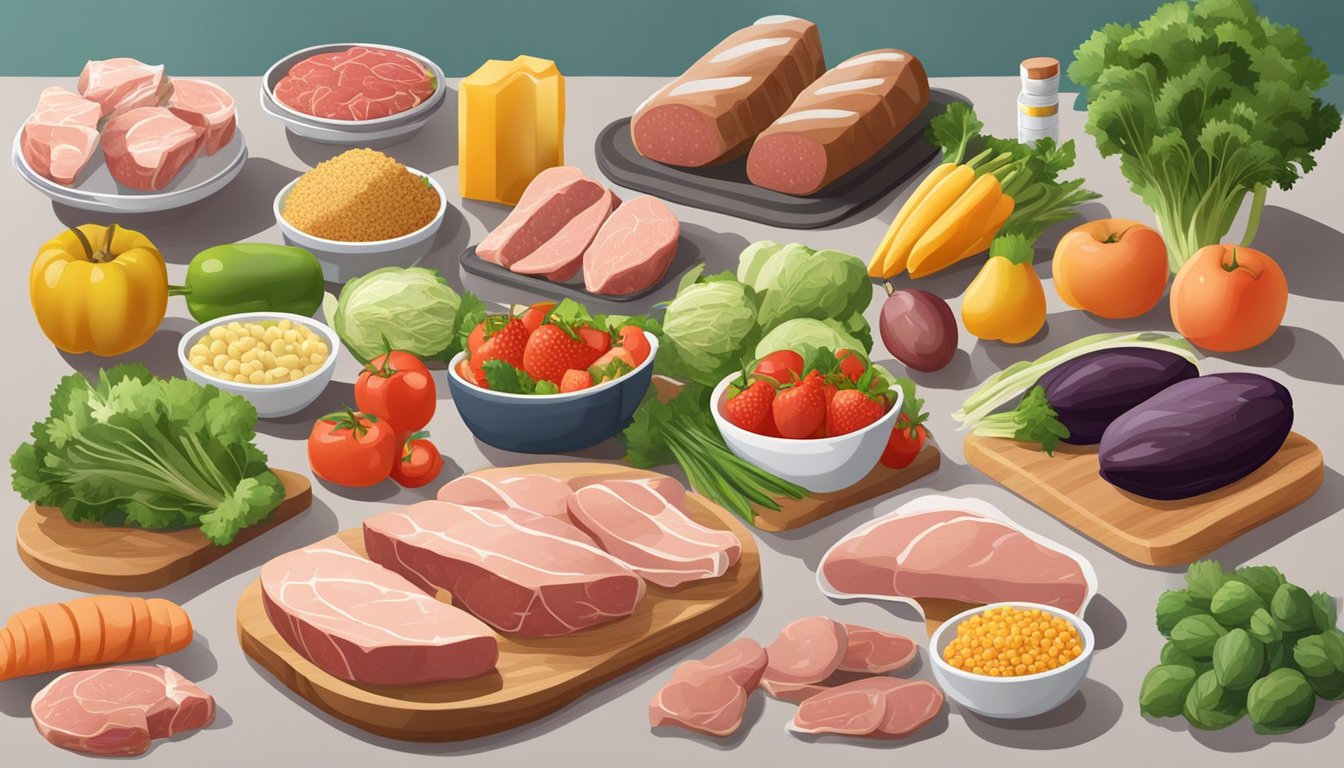 A table with various packaged meats and nutrition labels, surrounded by fresh fruits and vegetables