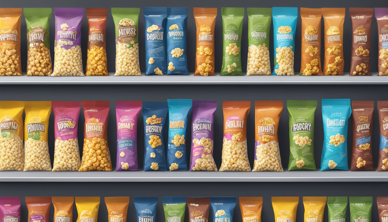 A colorful display of popcorn bags, featuring Smartfood and Popcorn Indiana variants, arranged on a shelf with a spotlight highlighting the products