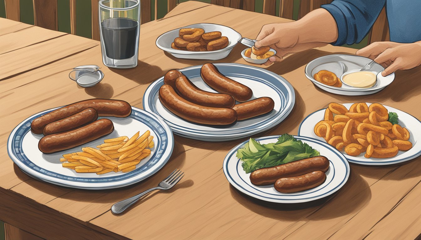 A table with two plates of sausage links, one labeled "Johnsonville" and the other "Hillshire Farm." A person tasting each and comparing