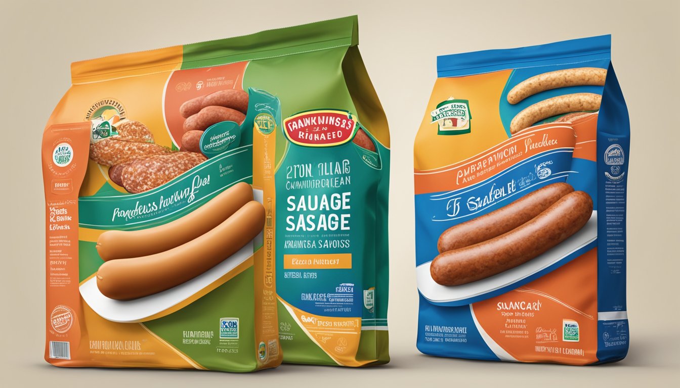 Two competing sausage brands displayed side by side, each showcasing their unique offerings in colorful packaging