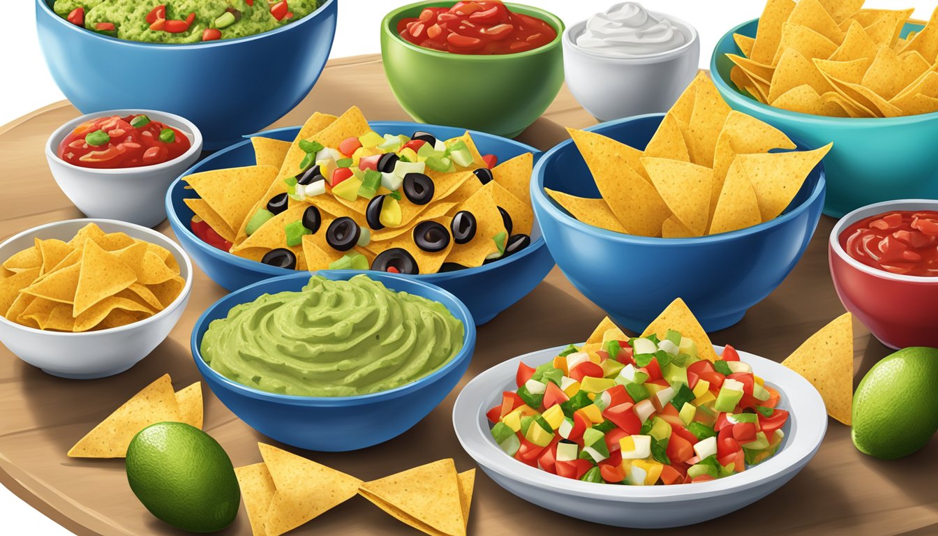 A table with colorful bags of Tostitos and Mission tortilla chips, surrounded by bowls of salsa and guacamole