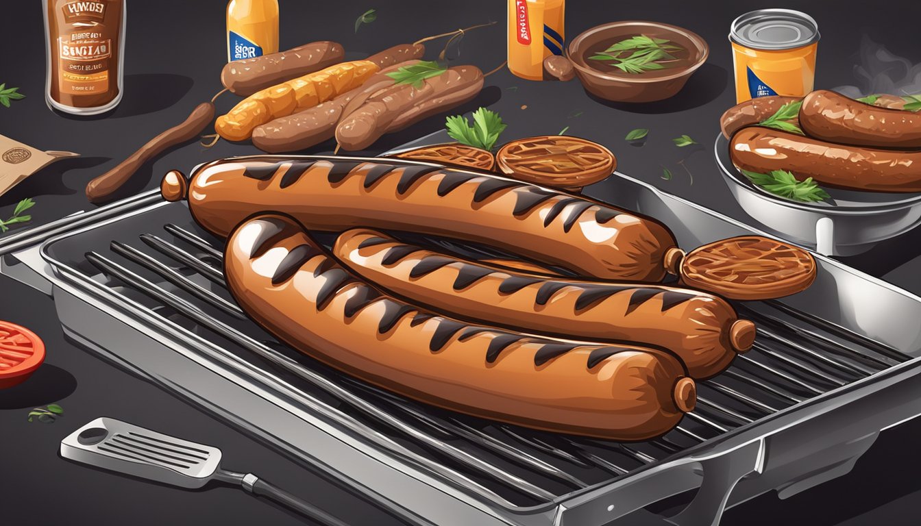 Two grilling sausages on a hot barbecue, surrounded by various brand logos and packaging