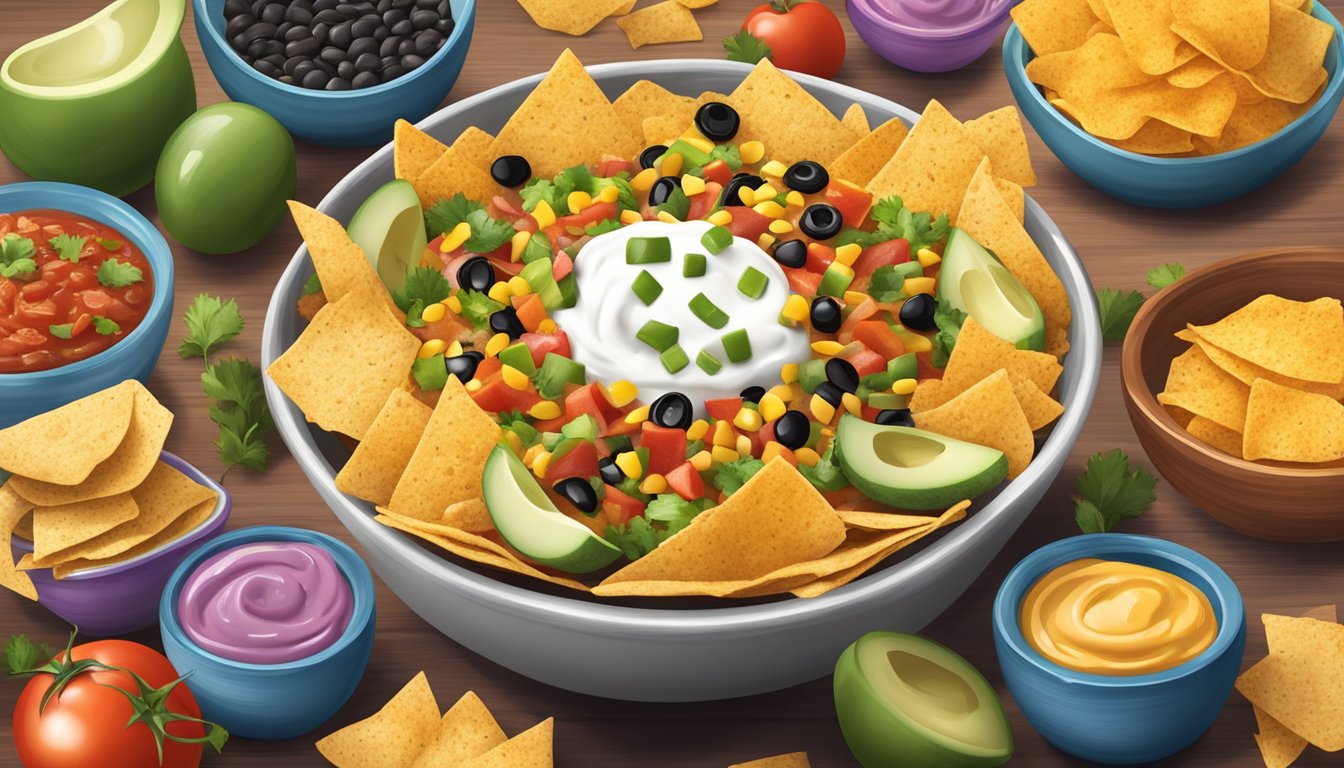 A colorful bowl filled with crunchy Tostitos and Mission tortilla chips, surrounded by various dips and toppings