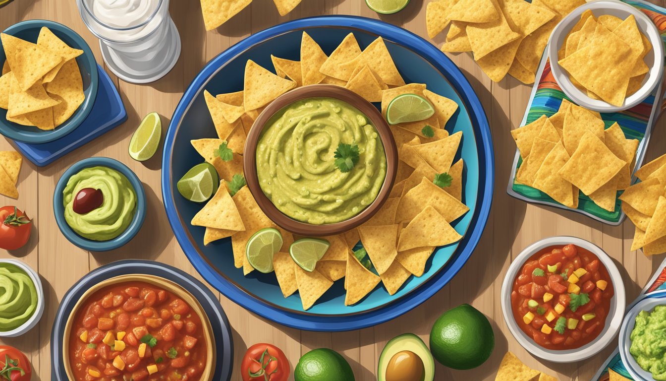 A bowl of Tostitos and Mission tortilla chips surrounded by salsa, guacamole, and queso dip on a party table