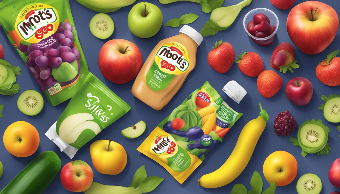 A table with gogo squeez and Mott's applesauce pouches surrounded by fresh fruits and vegetables