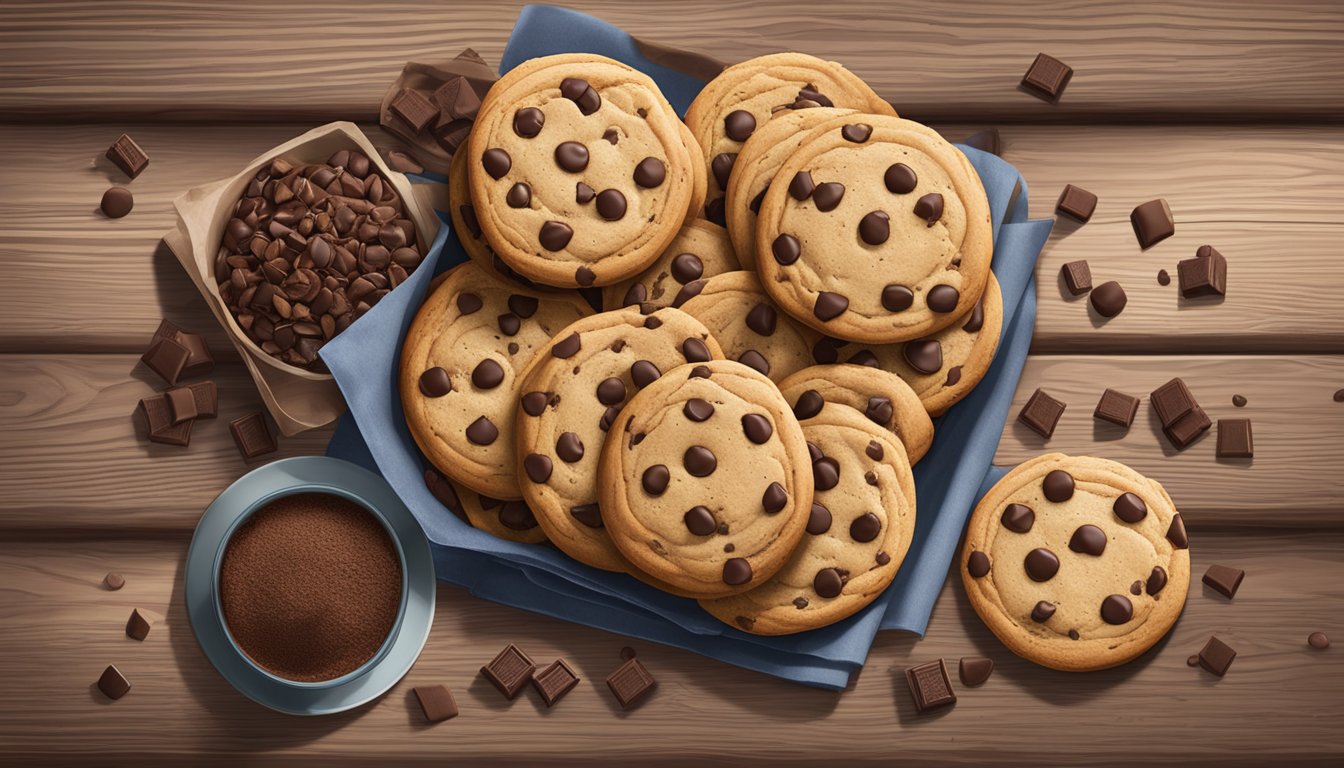 A spread of chocolate chip cookies from Nestle Toll House and Ghirardelli arranged on a rustic wooden table, surrounded by scattered chocolate chips and cocoa powder