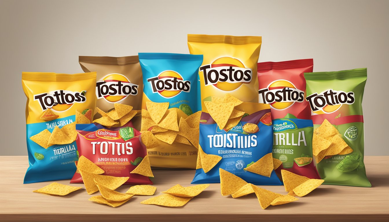 A table with various Tostitos and Mission tortilla chip bags in different shapes and sizes