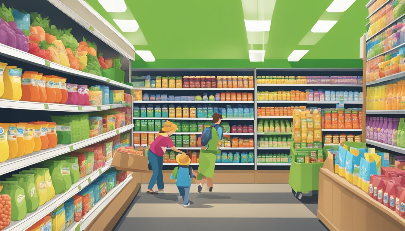 A crowded grocery store aisle with colorful gogo squeez and motts packaging displayed on shelves. Customers reaching for and comparing the two brands