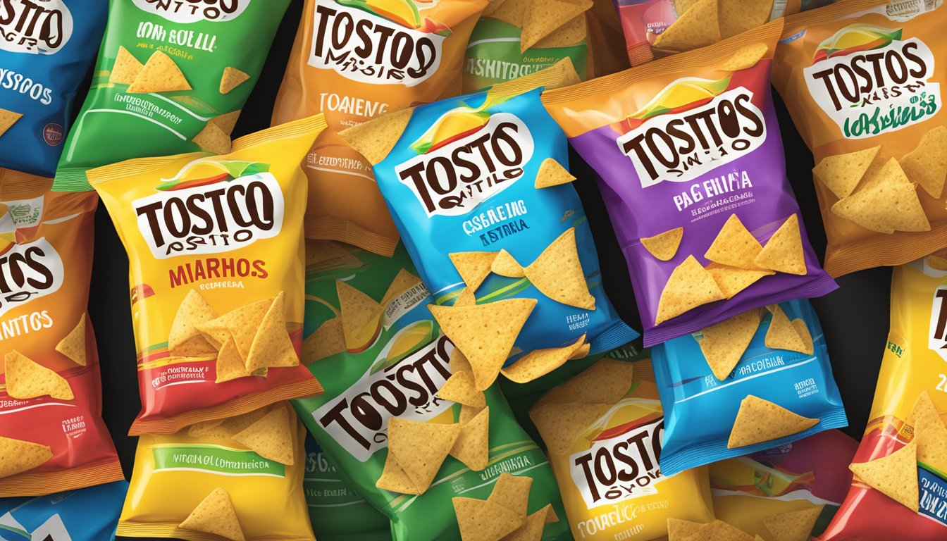 A colorful display of Tostitos and Mission tortilla chips on a supermarket shelf