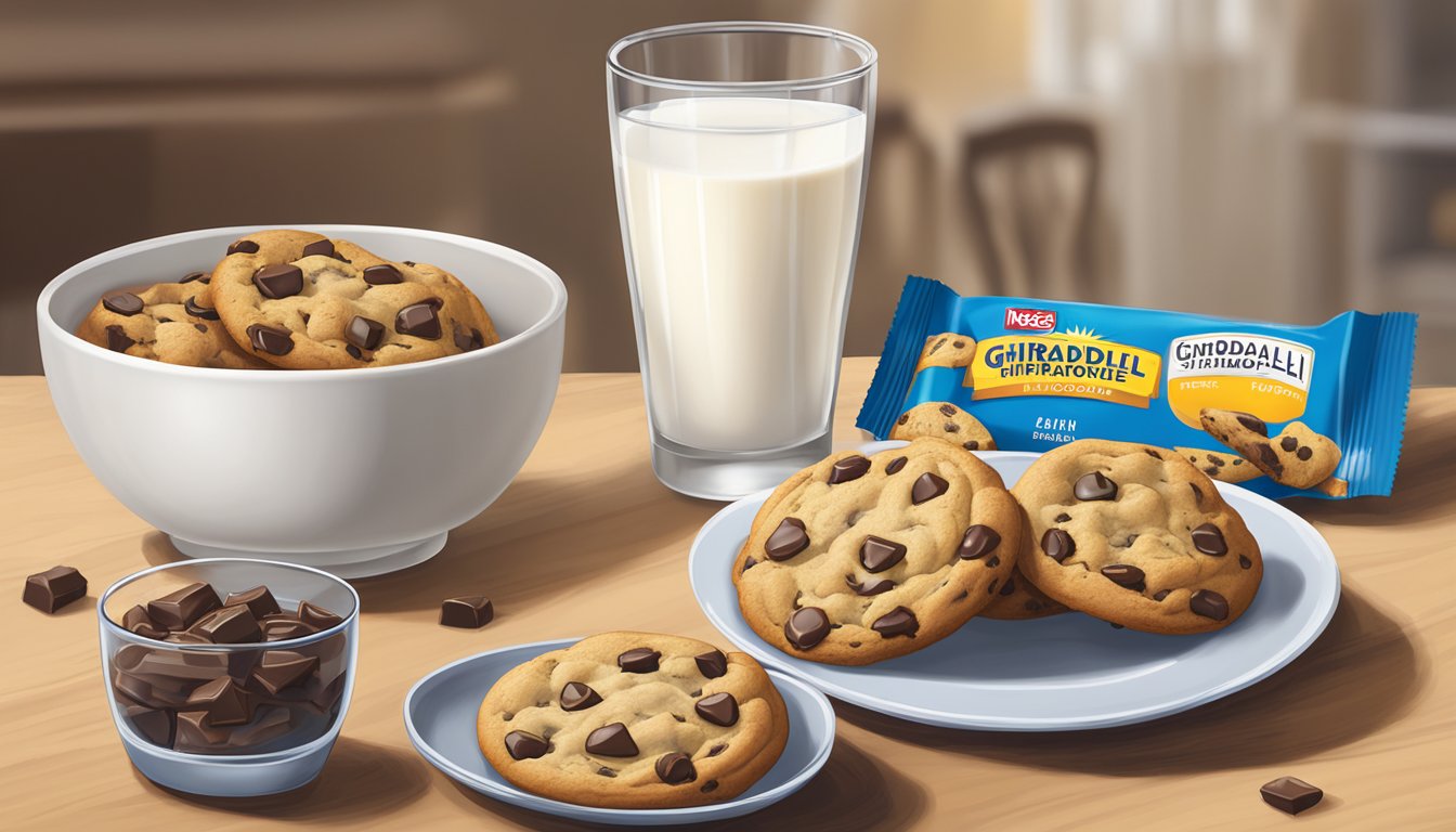 A table with a plate of Nestle Toll House and Ghirardelli chocolate chip cookies, alongside a glass of milk and a bowl of fresh fruit