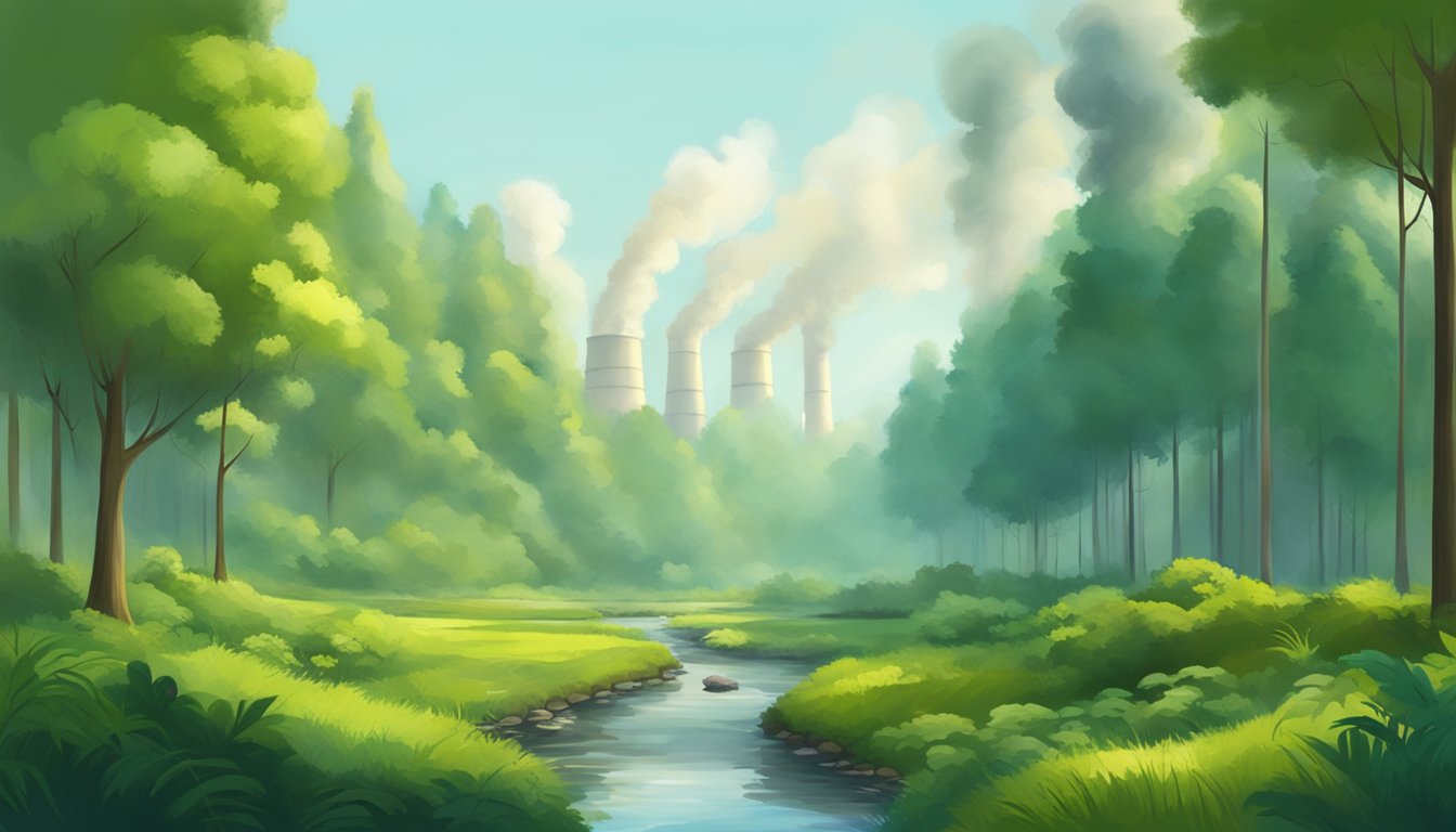 A serene forest with a clear stream and lush greenery, contrasting with a factory emitting smoke and pollution