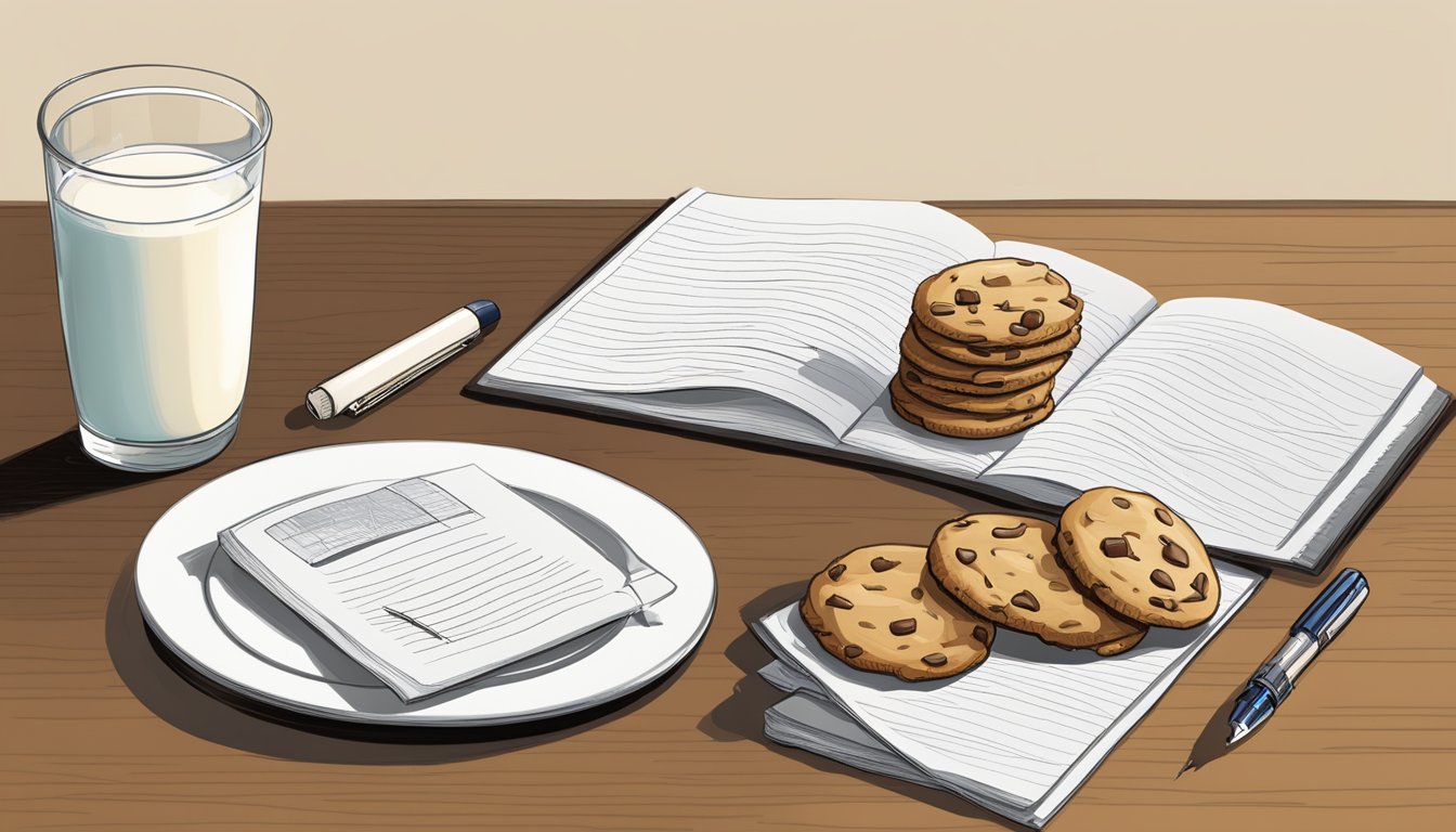 A table with a plate of Nestle Toll House and Ghirardelli cookies, a glass of milk, and a pen and paper for note-taking