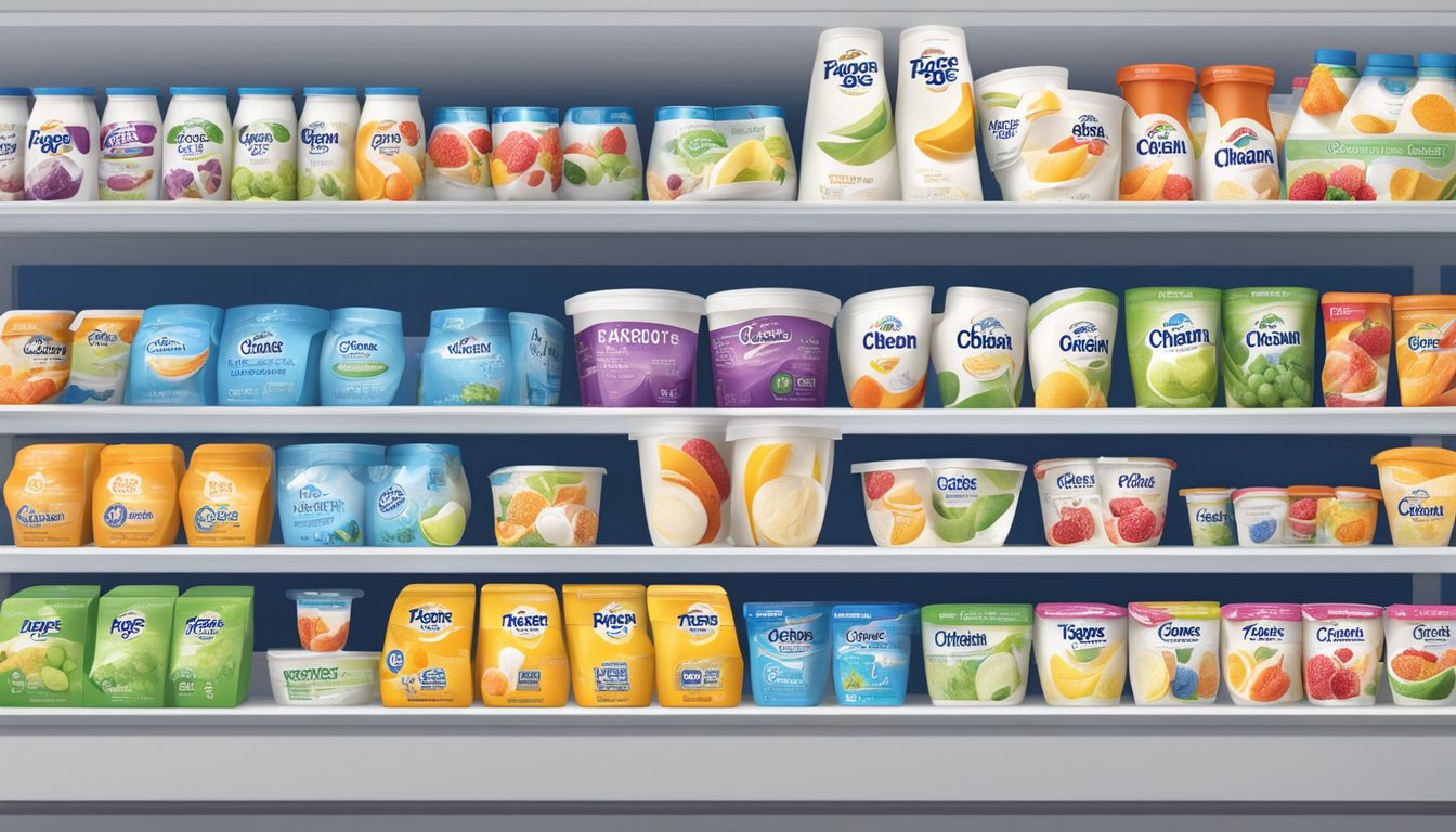 A display of Fage and Chobani yogurt varieties, with colorful packaging and various flavors arranged on a shelf in a grocery store