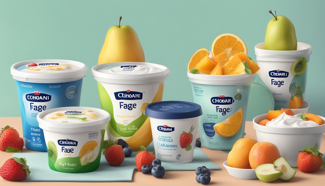 A table with various containers of Fage and Chobani yogurt, surrounded by fresh fruits and a nutrition label