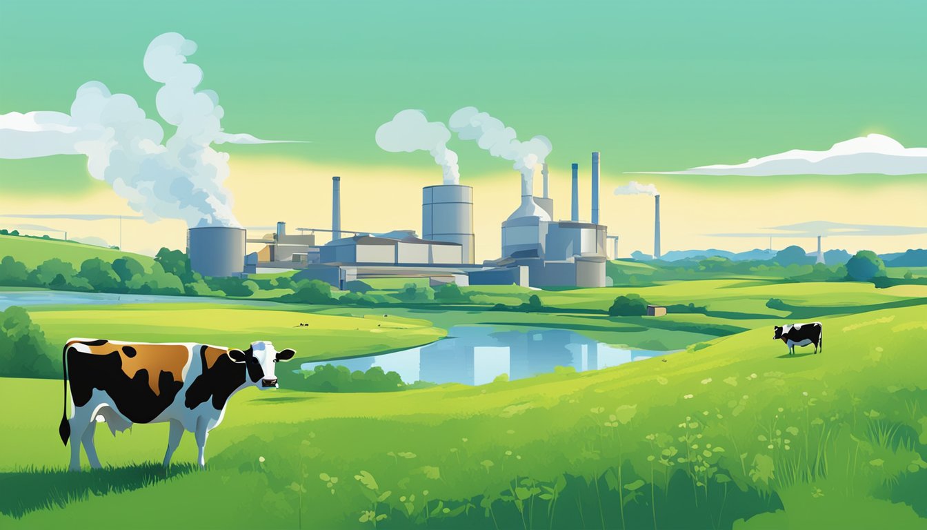 A lush green pasture with grazing cows under a clear blue sky, contrasting with a factory emitting smoke and waste into a nearby river