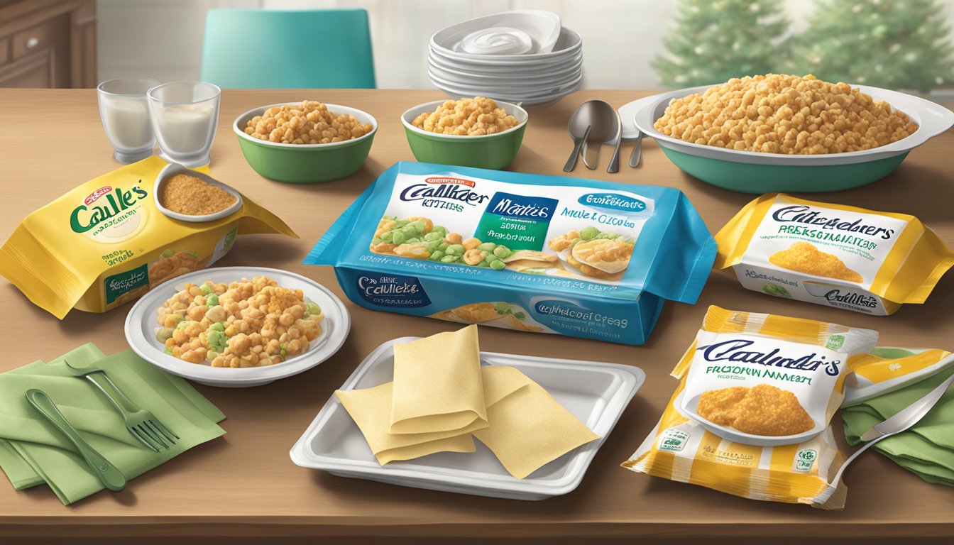 A table with empty Marie Callender and Stouffer's frozen food packages, surrounded by scattered utensils and napkins