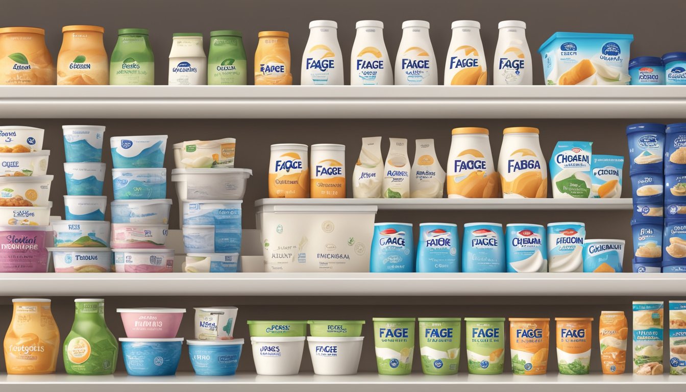 A display of Fage and Chobani yogurt containers on a market shelf, surrounded by a variety of alternative dairy products