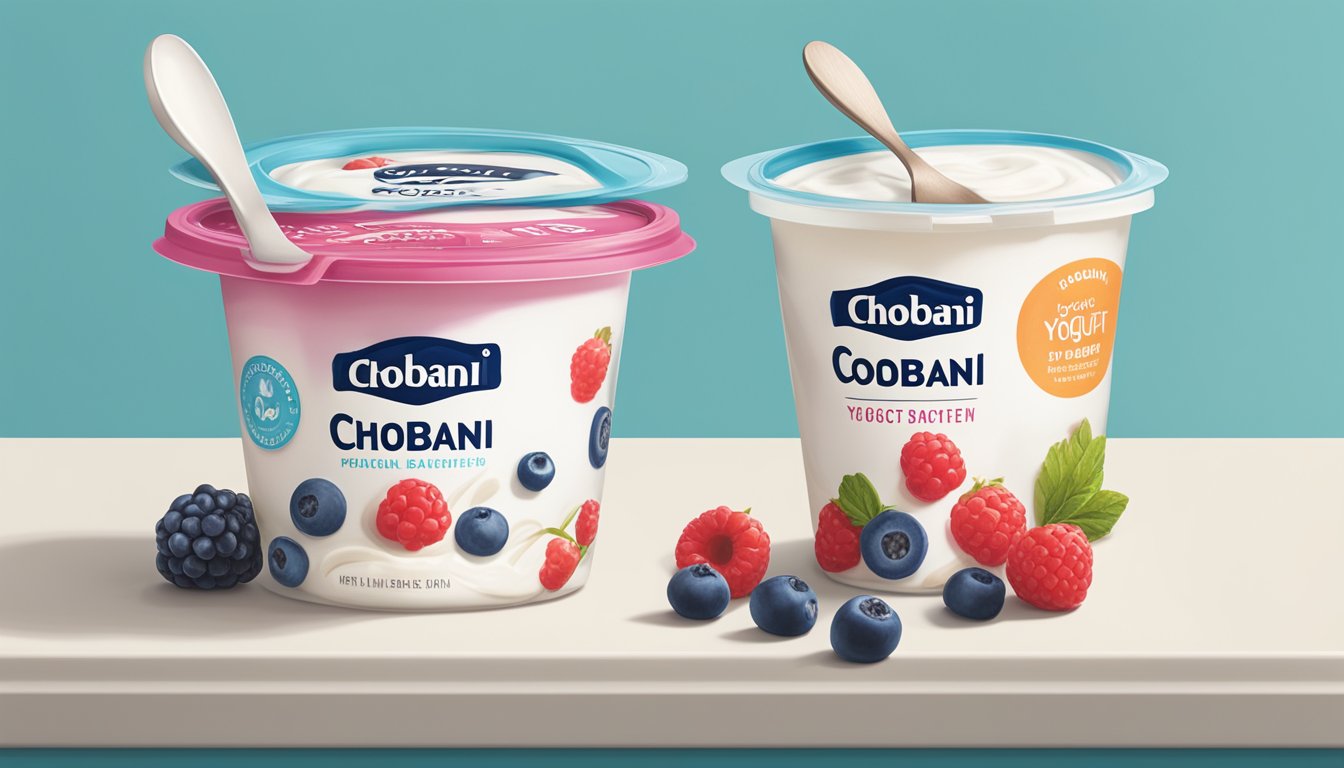 Two yogurt containers, one Fage and one Chobani, sit side by side on a kitchen counter. A spoon rests next to them, and a few scattered berries add a pop of color