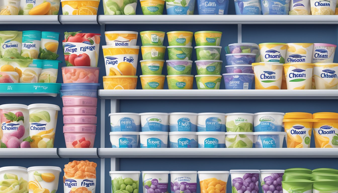 A grocery store shelf displays various flavors of Fage and Chobani yogurt cups, neatly arranged in rows. The bright packaging stands out against the backdrop