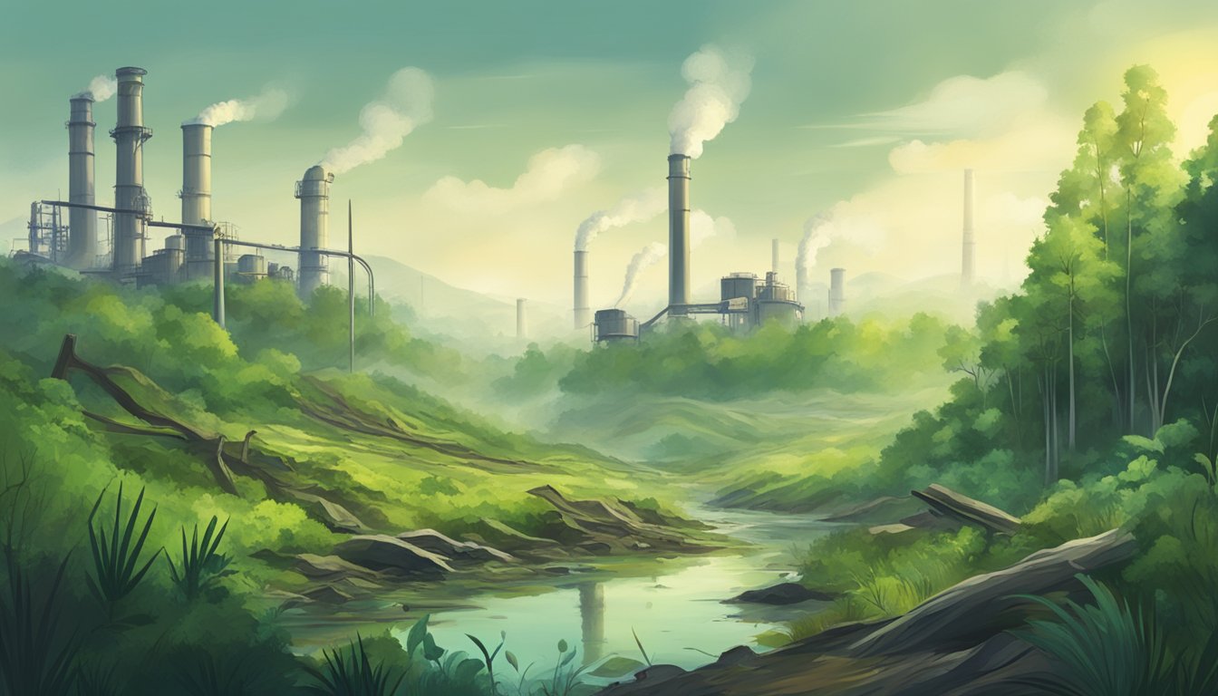 A serene forest with clear streams and lush vegetation, contrasting with a polluted landscape of industrial waste and smog