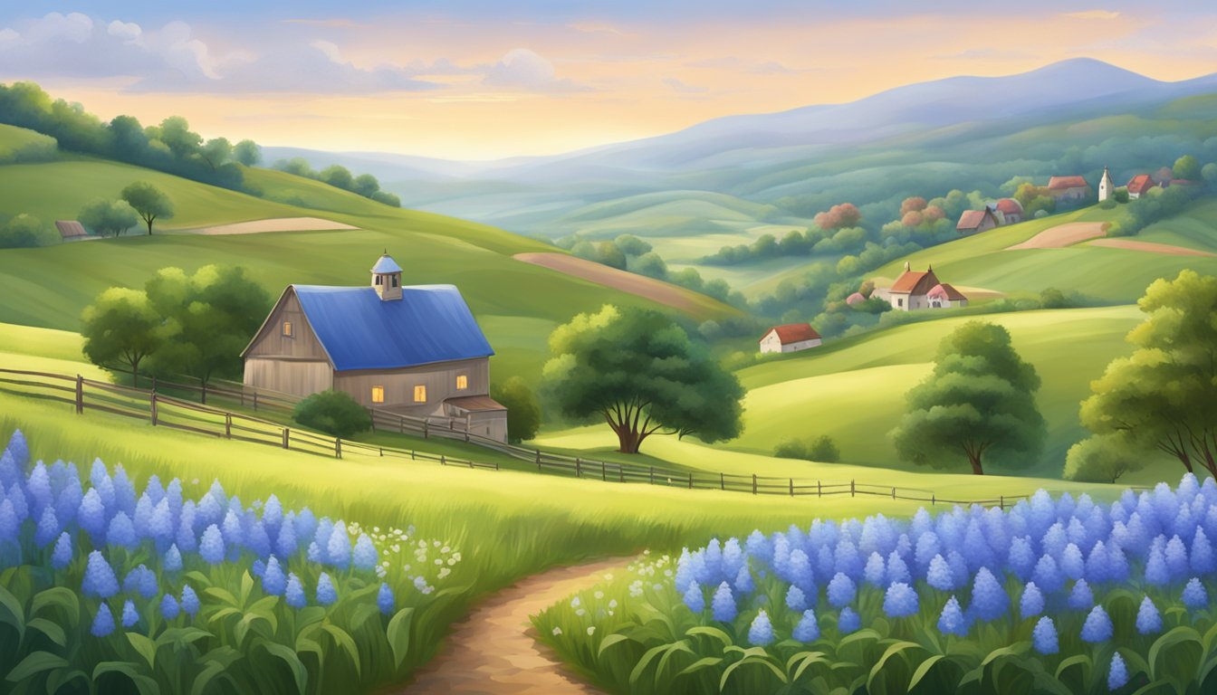 A serene countryside landscape with rolling hills, a quaint blue bell flower field, and a charming turkey hill in the background