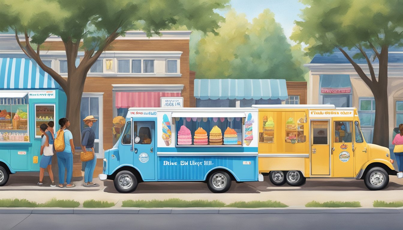 Two ice cream trucks parked side by side, each adorned with colorful logos and serving windows open. A line of customers waits eagerly to sample the offerings from Blue Bell and Turkey Hill