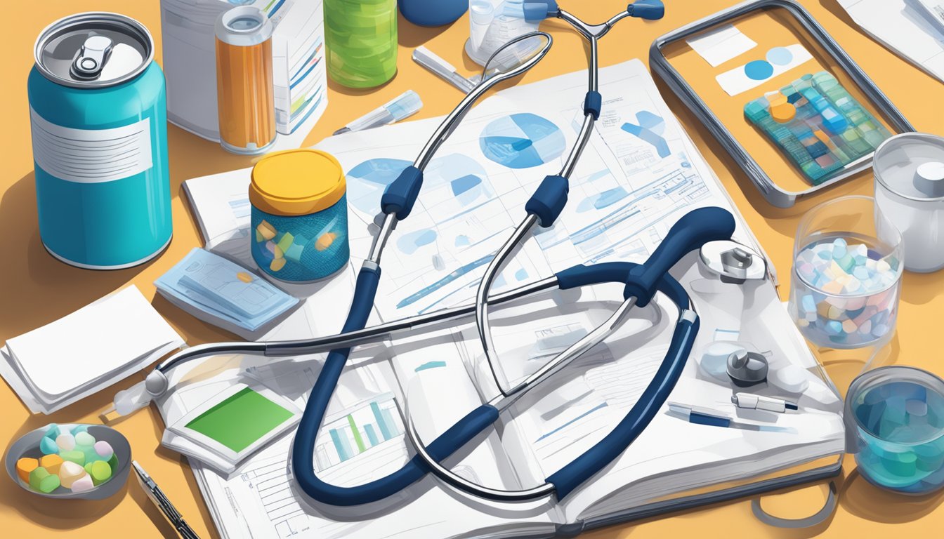 A table with various cans of LaCroix and Bubly, surrounded by scattered medical journals and research papers. A doctor's stethoscope and a clipboard with charts sit nearby