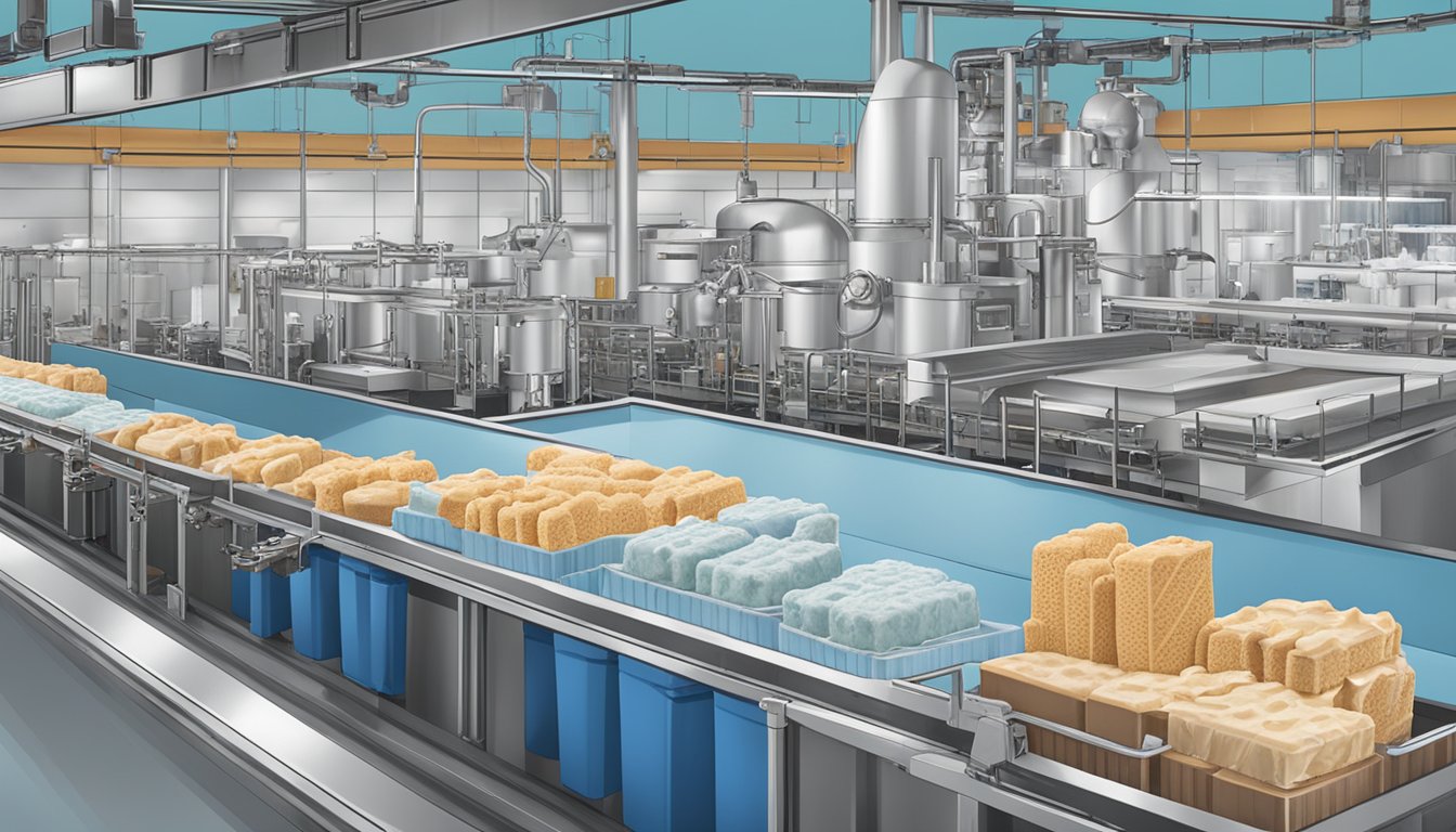 A factory with conveyor belts and machines producing ice cream pints. Blue Bell and Turkey Hill logos displayed prominently