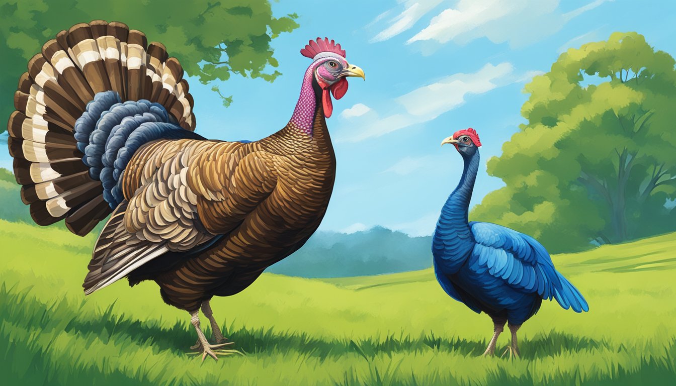 A bright blue bell and a proud turkey standing side by side in a green pasture, with a clear blue sky overhead