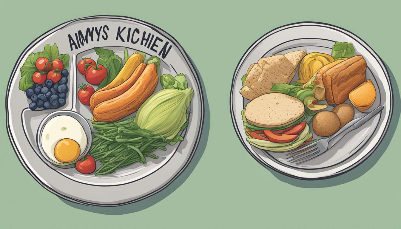 Two tables side by side, each with a plate of food labeled "Amys Kitchen" and "Healthy Choice." A nutrition label hovers above each plate