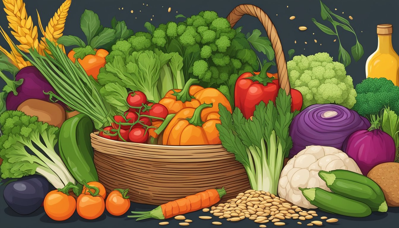 Fresh vegetables and herbs overflowing from a basket, next to a selection of whole grains and lean proteins. Bright colors and vibrant textures showcase the high quality ingredients