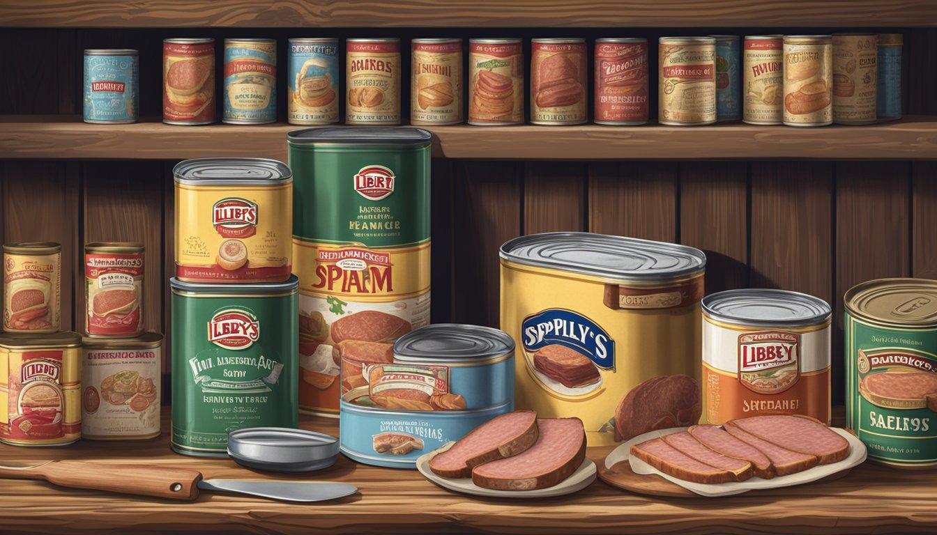 A display of vintage canned meats, with tins of Spam and Libby's arranged side by side on a rustic wooden table, surrounded by old-fashioned kitchen utensils and packaging