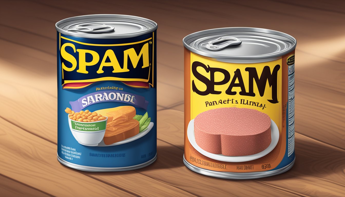 A can of Spam and a can of Libby's are placed side by side on a wooden table, with their nutritional labels facing towards the viewer