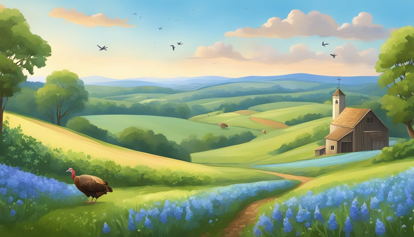 A serene countryside landscape with a blue bell flower field on one side and a turkey hill with grazing birds on the other