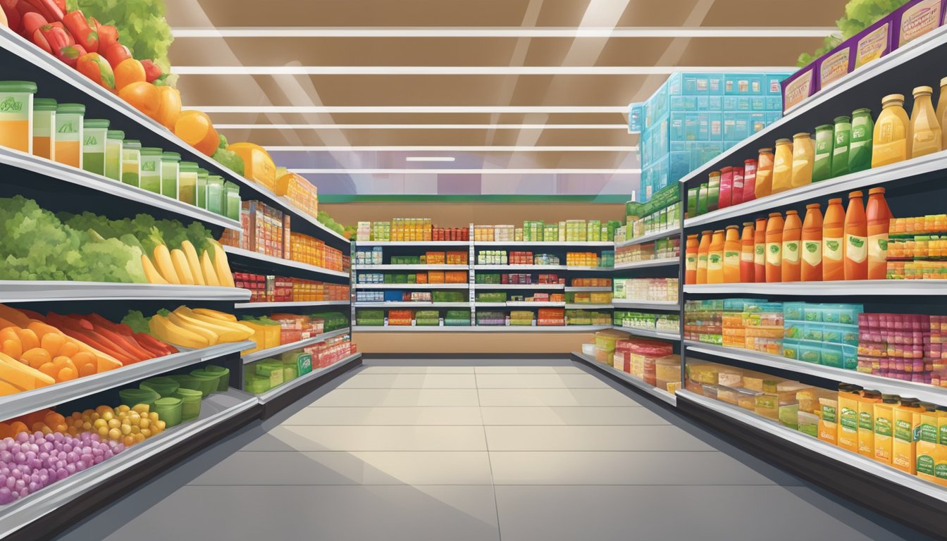 A bustling grocery store aisle with colorful packaging for Amy's Kitchen and Healthy Choice products displayed on shelves