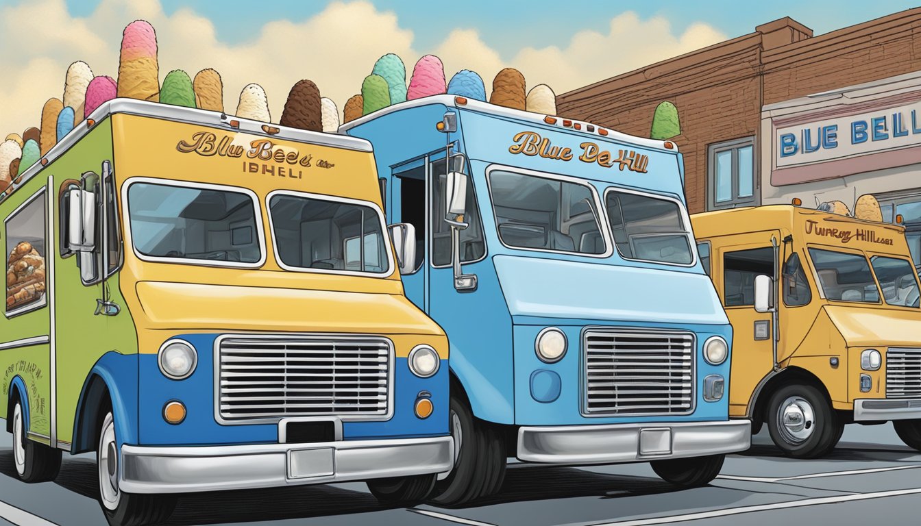 Two ice cream trucks parked side by side, one labeled "Blue Bell" and the other "Turkey Hill," surrounded by a diverse group of customers