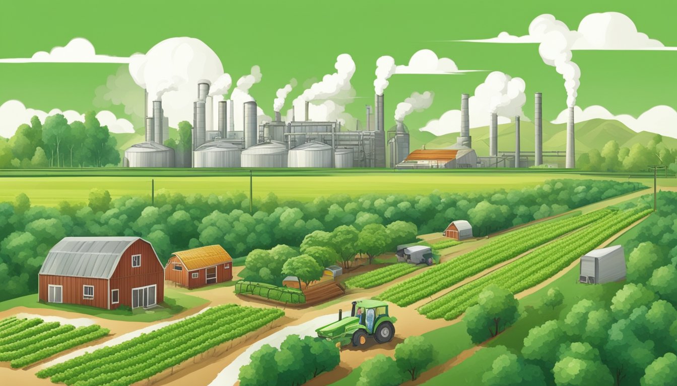 A lush green farm with organic produce and happy animals contrasts with a factory emitting pollution and exploiting workers